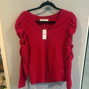 LOFT Vivid Red Textured Blouse with Ruched Sleeves